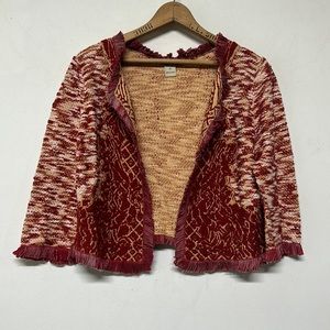 Lucky Brand Red Floral Boucle Crop Cardigan Sweater 3/4 Sleeve Fringe